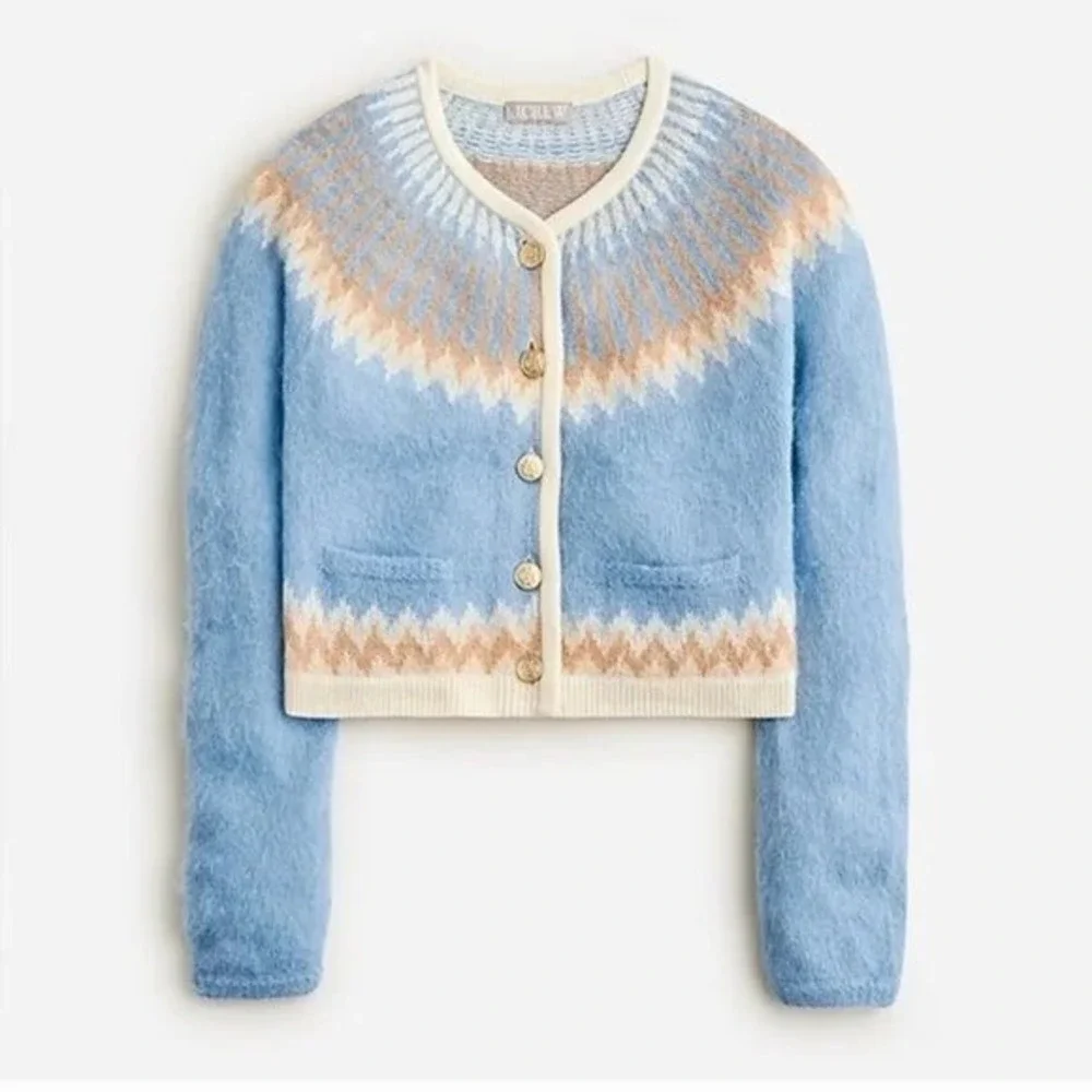 J Crew Womens Blue Fair Isle Alpaca Wool Blend Cropped Cardigan Sweater XS